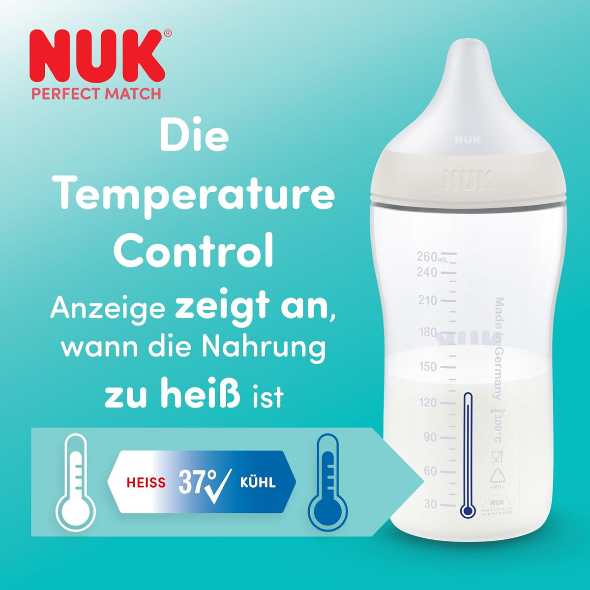 NUK Perfect Match butelka antykolkowa szklana 120 ml 0+ z Temperature Control i motywem tęczy