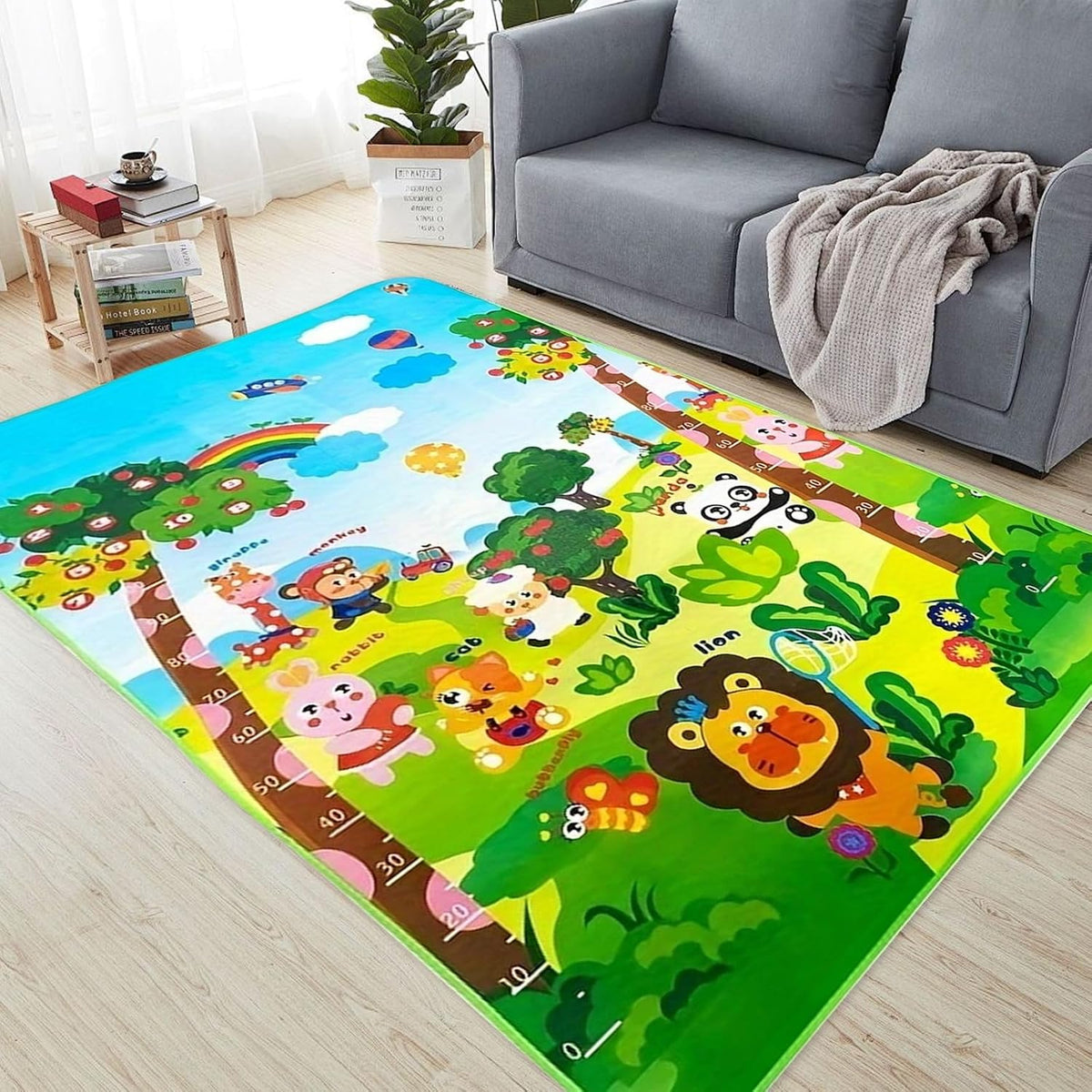 LUVDECO mata składana do raczkowania 120x180cm z kolorowym wzorem zwierząt i miarką do zabawy dla dzieci