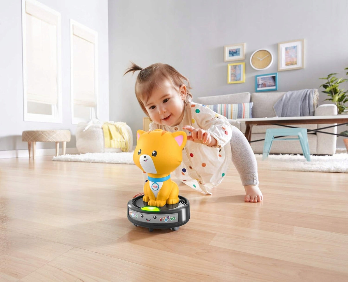 FISHER-PRICE GMX70 gato montado en aspiradora robot con melodías y luces