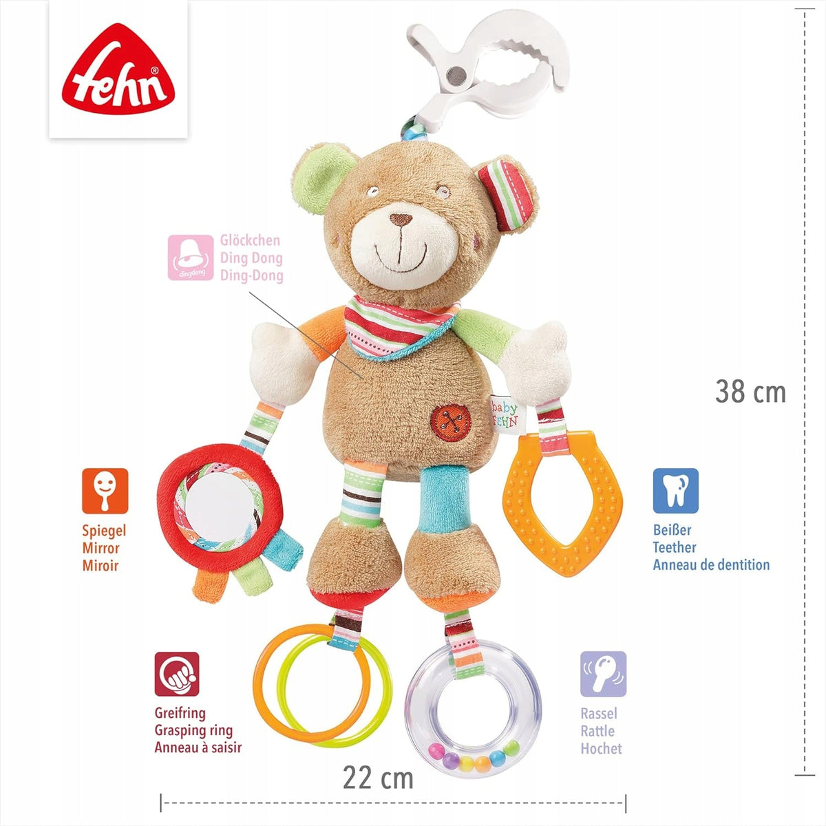 FEHN OSKAR colgante con sonajero y asa para cochecito y silla de auto