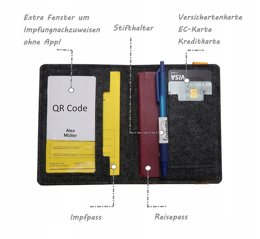 LEYMOON ORGANIZER ETUI na dokumenty kartę szczepień z przegródkami na QR code, paszport, kartę i długopis
