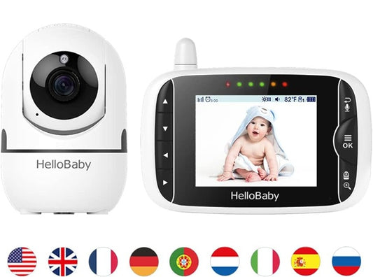Kamera i monitor HelloBaby HB65 na białym tle, pod nimi ikony flag oznaczające języki.
