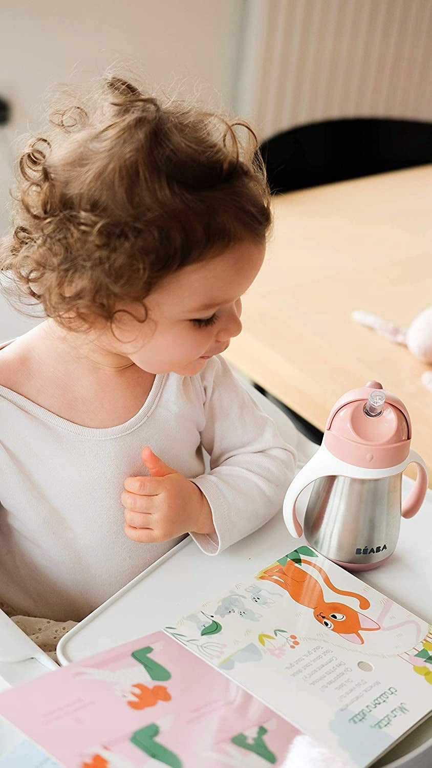 BEABA kubek niekapek ze słomką STALOWY 250 ml dla dziecka, różowy, stal nierdzewna, 100% szczelny