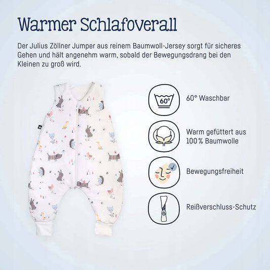 JULIUS ZOLLNER śpiworek całoroczny 2,5TOG r.80 biały z nadrukiem zwierzątek, 100% bawełna, z nogawkami