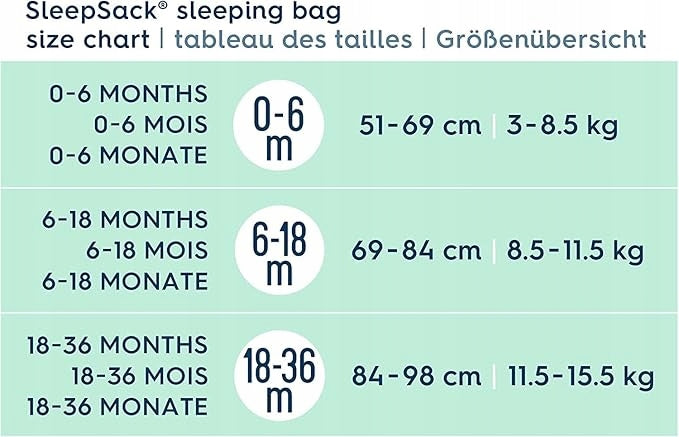 HALO śpiworek do spania letni 84-98cm 0,5TOG — tabela rozmiarów SleepSack 18-36 miesięcy