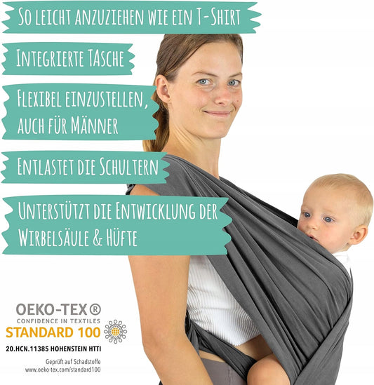 MAMMACITA chusta do noszenia dziecka 2w1, łatwa jak T-shirt, dla noworodka, szara, OEKO-TEX