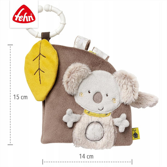 Fehn Australia książeczka sensoryczna z zawieszką, szara zabawka dziecięca 14x15 cm z koalą i liściem