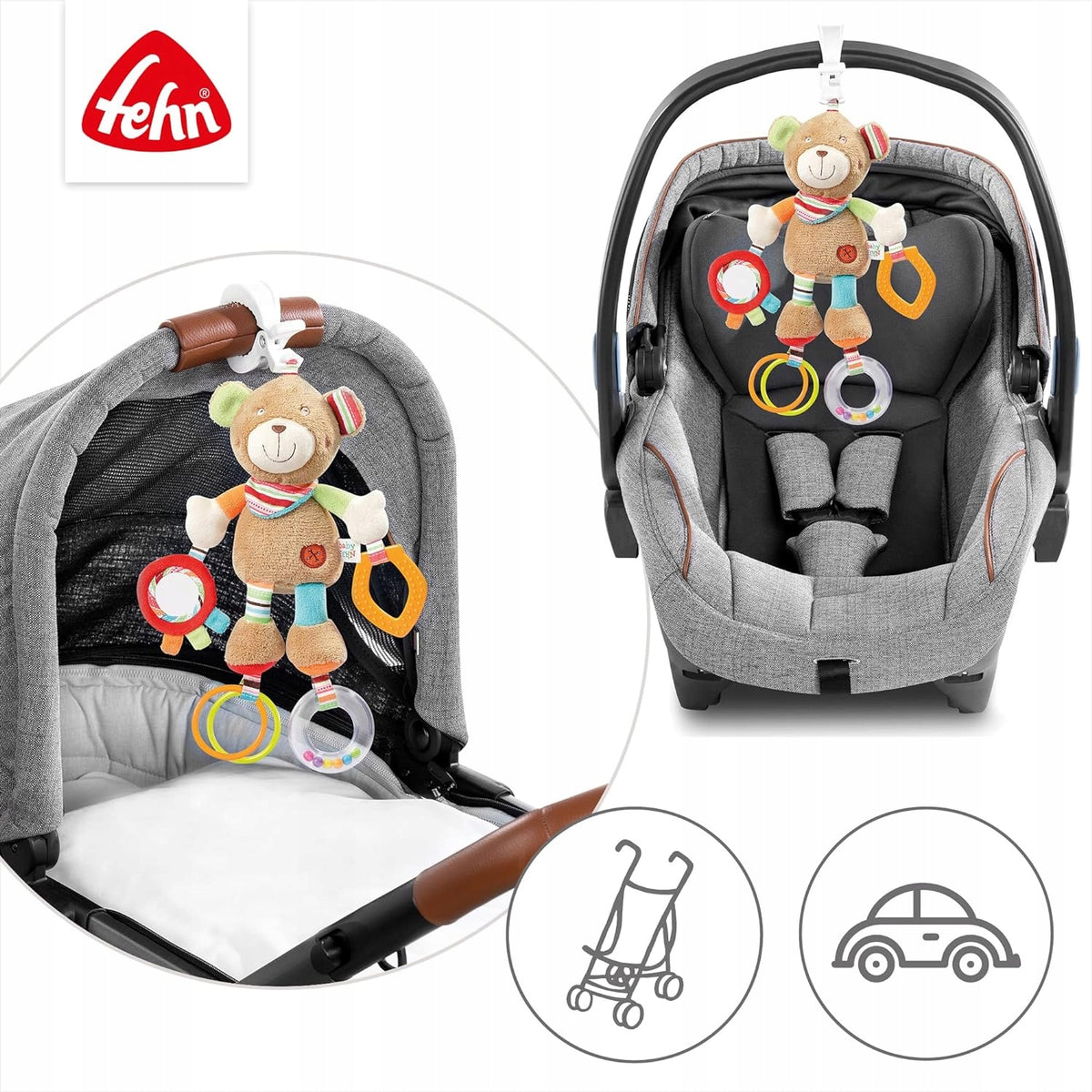 FEHN OSKAR colgante con sonajero y asa para cochecito y silla de auto