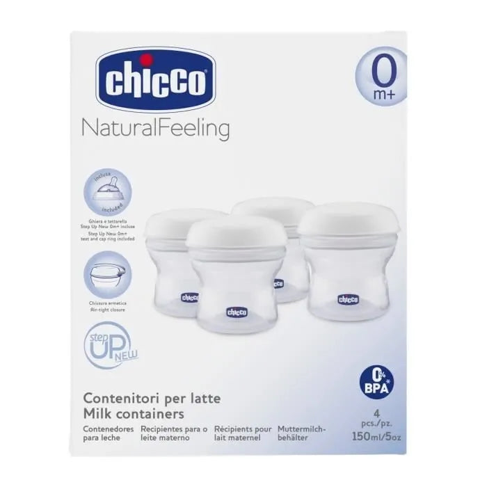 CHICCO pojemniki na mleko 4 x 150 ml + smoczek z nakrętką, Natural Feeling, BPA free