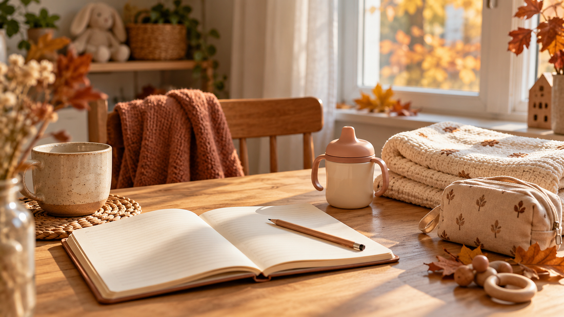 Cuaderno abierto y lápiz sobre una mesa de madera, junto a una taza infantil, una manta y un neceser en un interior otoñal.