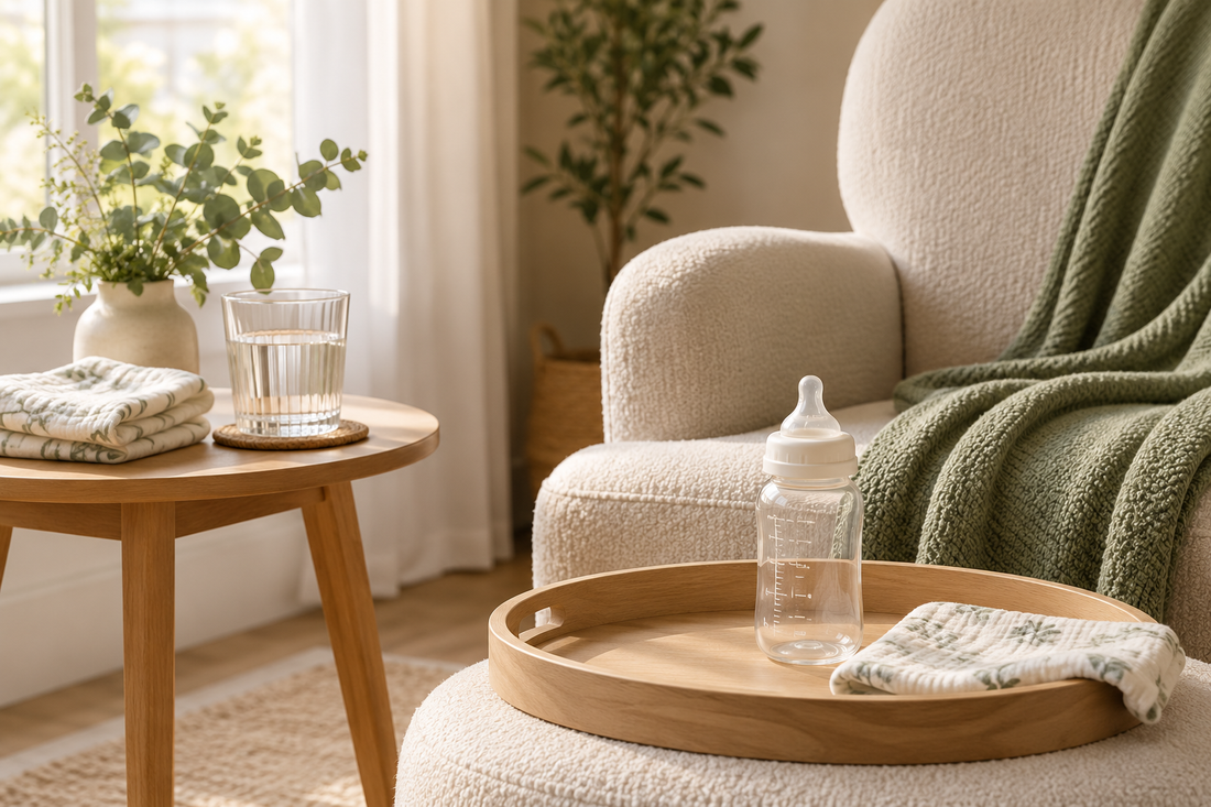 A calm corner with an armchair, side table, glass of water and clean supplies prepared for a conversation about infant feeding.