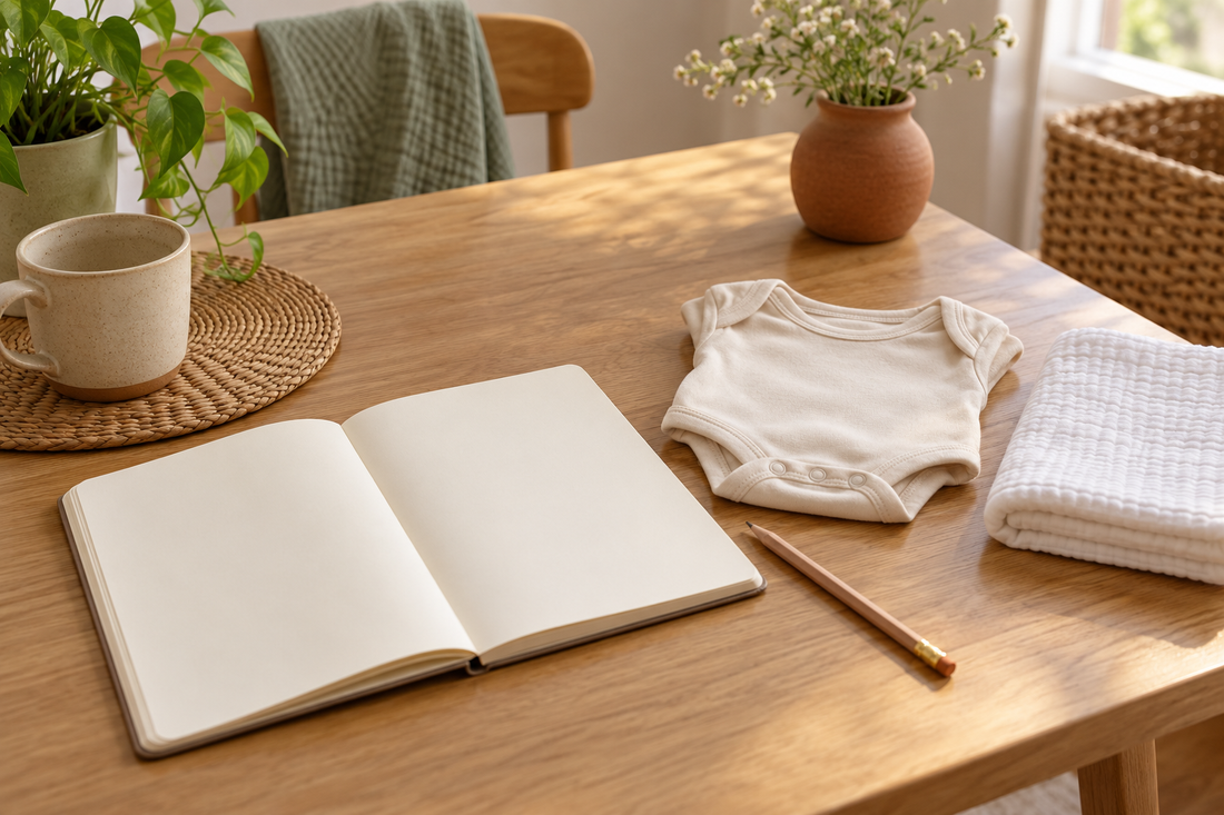 Cuaderno en blanco abierto sobre una mesa clara, lápiz sencillo, pañal de tela doblado y una prenda pequeña de bebé.