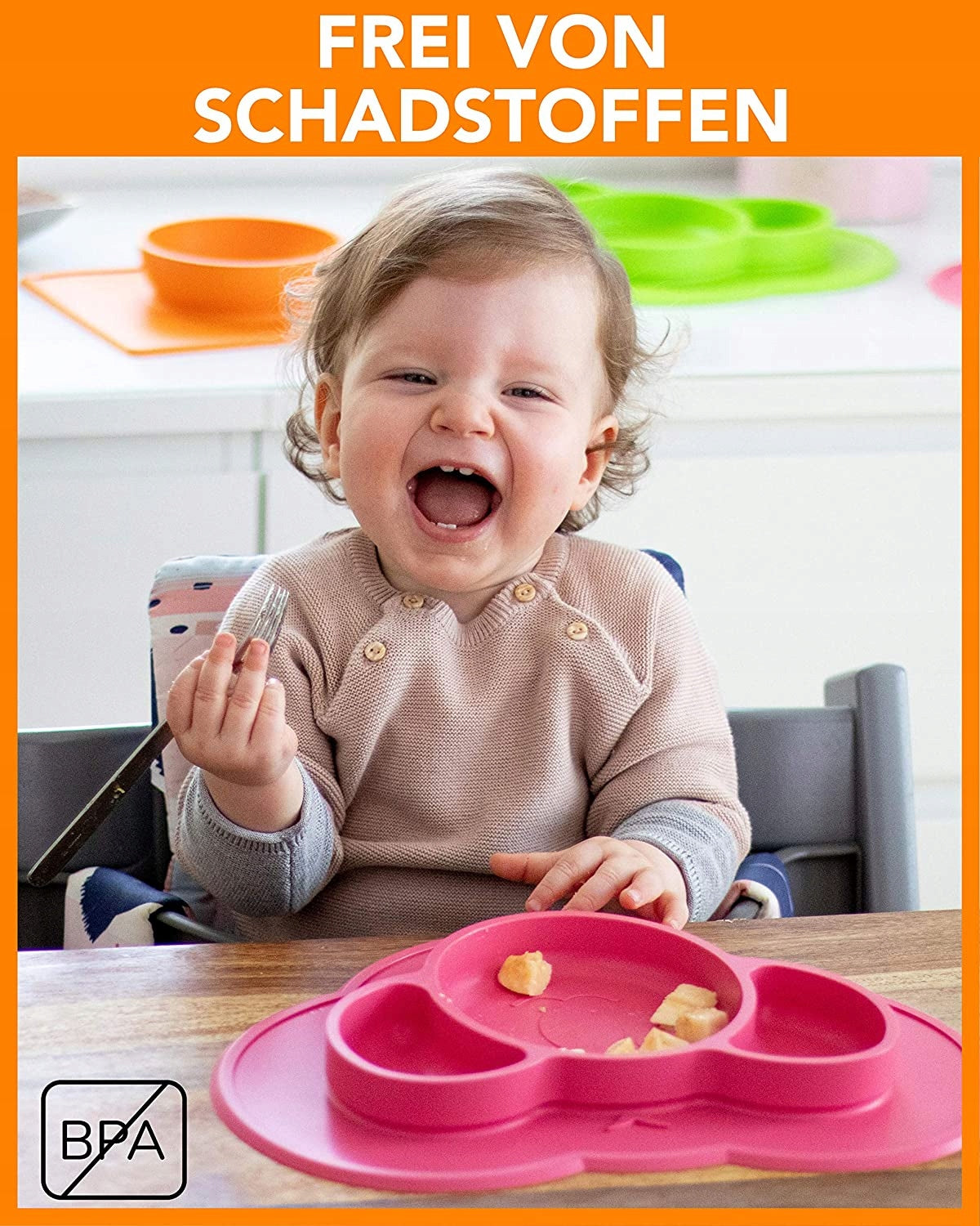 KOKOLIO mata talerzyk 3 KOMORY antypoślizgowy, silikonowy talerzyk dla niemowląt bez BPA, niebieski