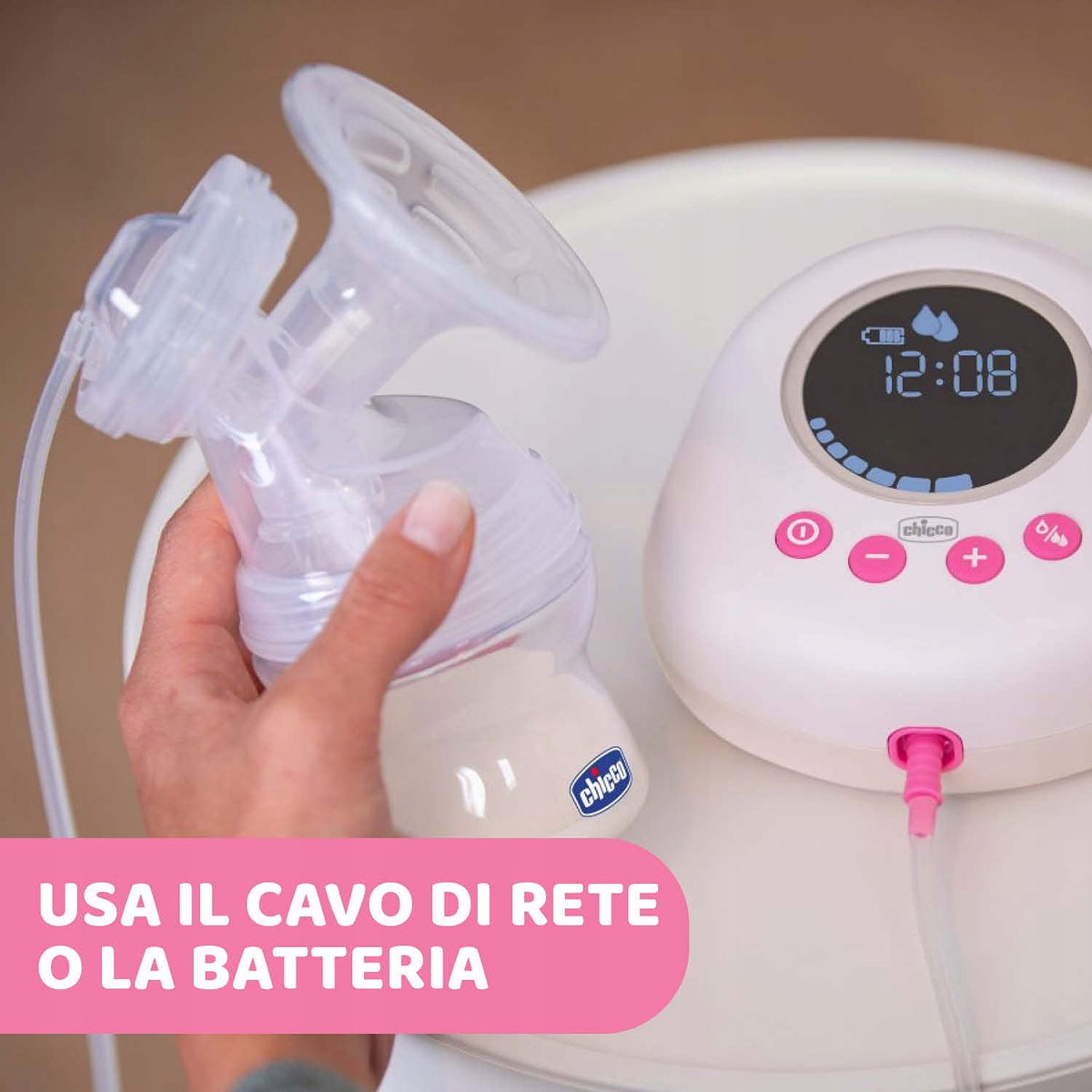CHICCO NaturallyMe LAKTATOR elektryczny, biało-różowy, zasilanie sieciowe lub bateryjne, cicha praca