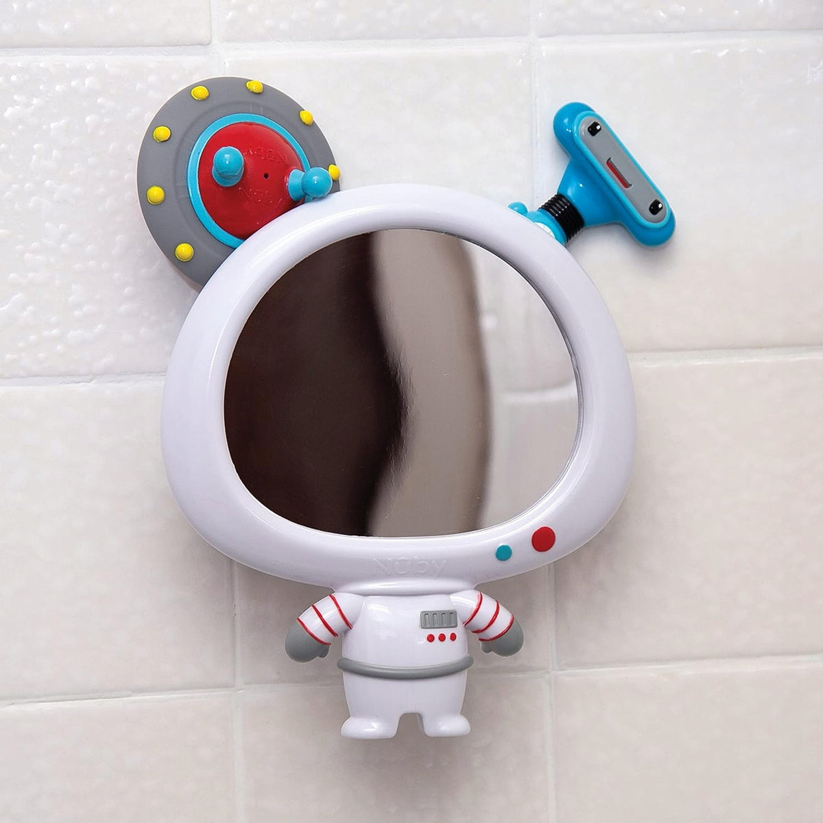 NUBY lusterko z przyssawką + 2 zabawki do kąpieli z lusterkiem, robotem i UFO na ścianie w łazience