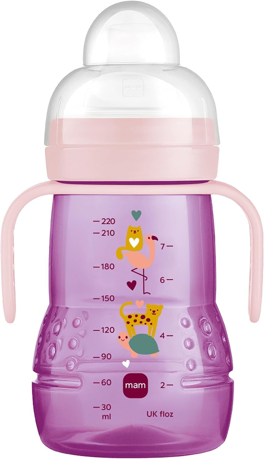 MAM Trainer+ kubek niekapek 220 ml z 2 ustnikami, 4 m+ dla dzieci, różowy kubek treningowy z uchwytami