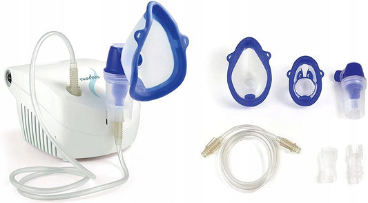 NUVITA INHALATOR, NEBULIZATOR 2 prędkości pracy biały z maskami, wężem i akcesoriami
