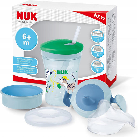NUK zestaw do nauki picia kubek + 3 ustniki, niebiesko-zielony kubek 230 ml dla niemowląt 6m+
