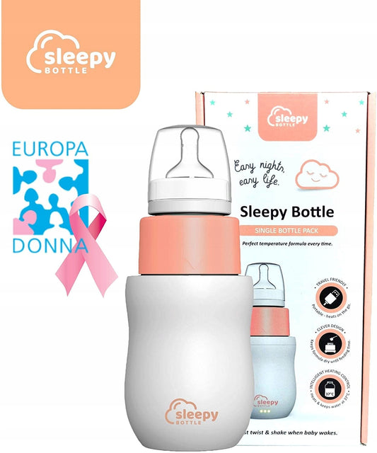 SLEEPY BOTTLE zestaw startowy podgrzewacz z butelk. Biało-brzoskwiniowy zestaw do szybkiego przygotowania mleka dla niemowląt