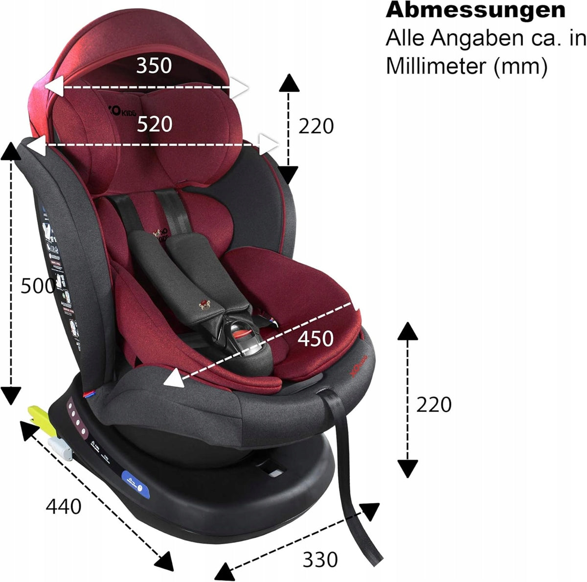 XOMAX S64 fotelik samochodowy obrót 360 gr 0/1/2/3 ISOFIX, czerwono-czarny, wymiary i regulacja