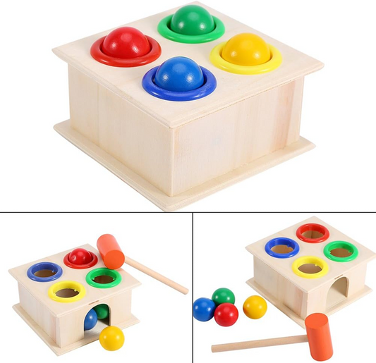 ZERODIS caja de madera, martillo y bolas 11 x 11 x 6 cm