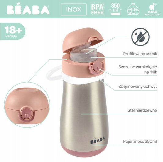 BEABA stalowy bidon termiczny termobutelka 350 ml różowy, BPA free, 18+ miesięcy