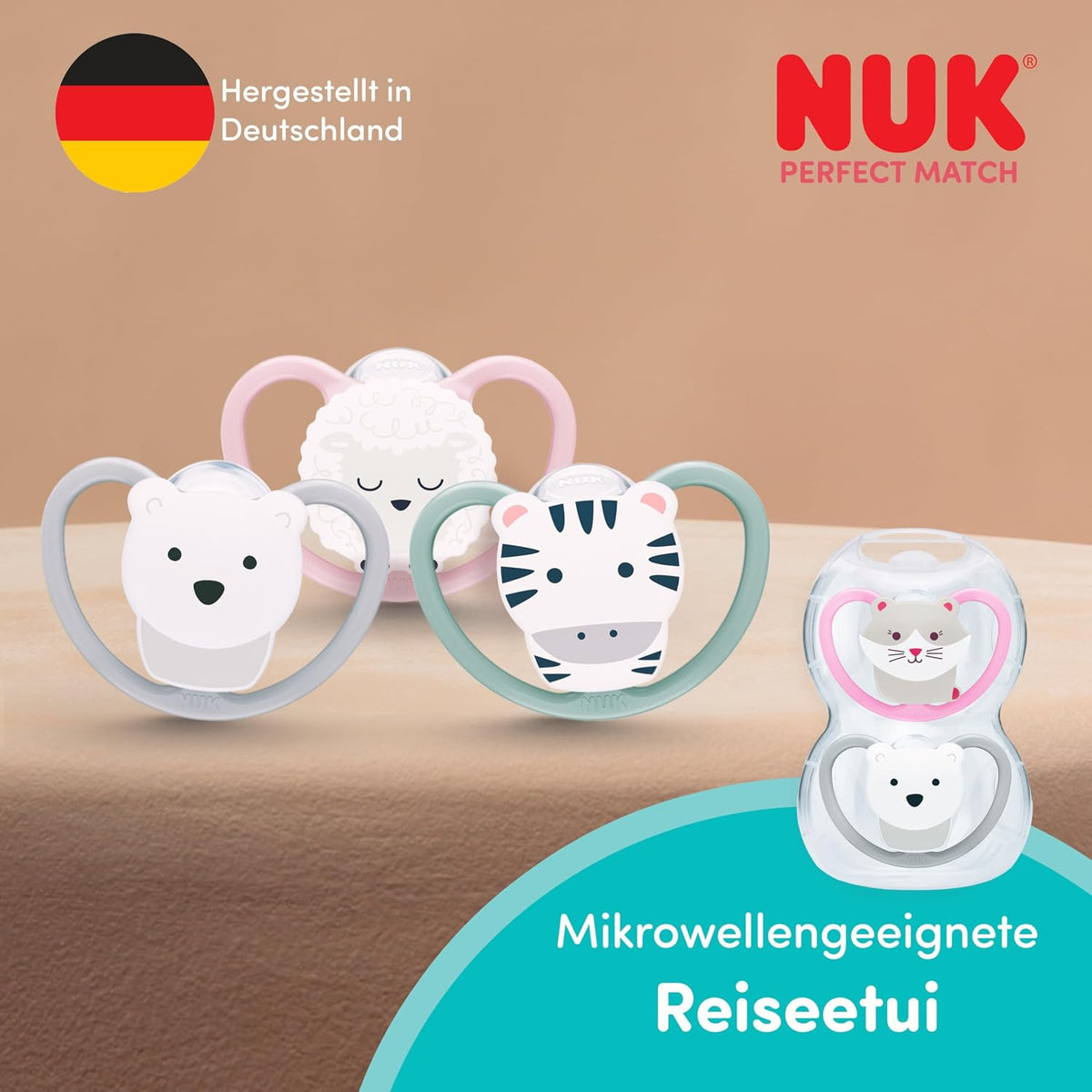 NUK Perfect Match Air smoczek uspokajający 18-36m x2 DISNEY, 4 smoczki z motywami zwierząt i etui