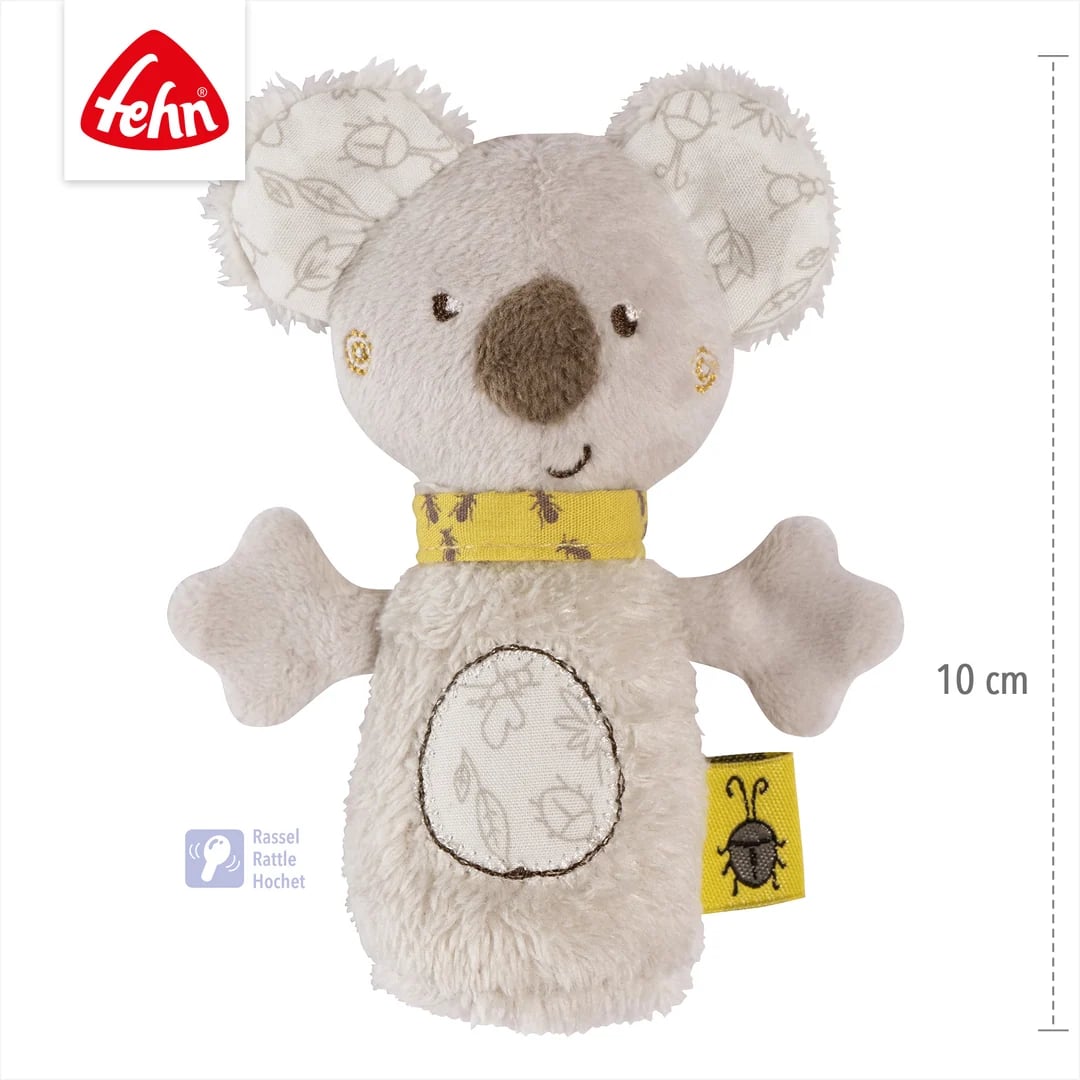 Grafika poglądowa jasnoszarego koali z pionową linią wymiarową z boku.
