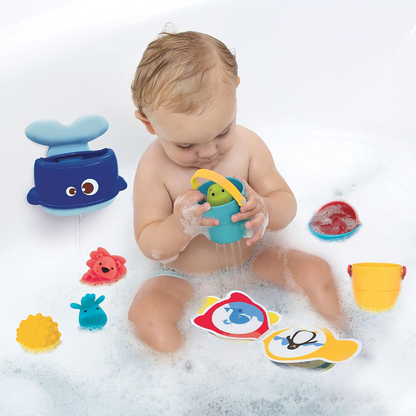 LUDI set de juguetes para el baño 9 piezas + caja con asa
