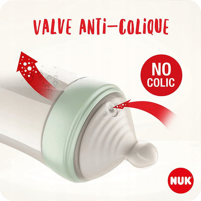 NUK Nature Sense zestaw butelek 260,150ml +smoczek z zaworem anti-colic i smoczkiem silikonowym