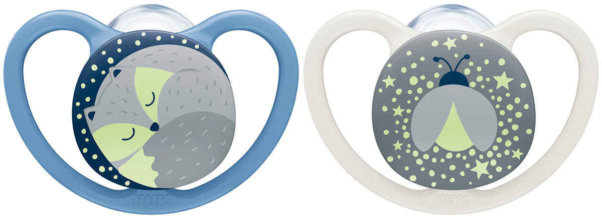 NUK Space Night smoczek uspokajający silikon x2 18-36msc +box z motywem nocnym, świecący w ciemności