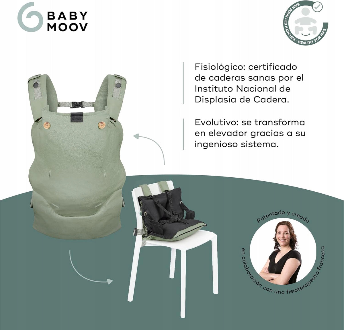 BABYMOOV MOOV&BOOST nosidełko ergonomiczne podwyższenie 2w1, zielone, certyfikowane i transformujące się w siedzisko