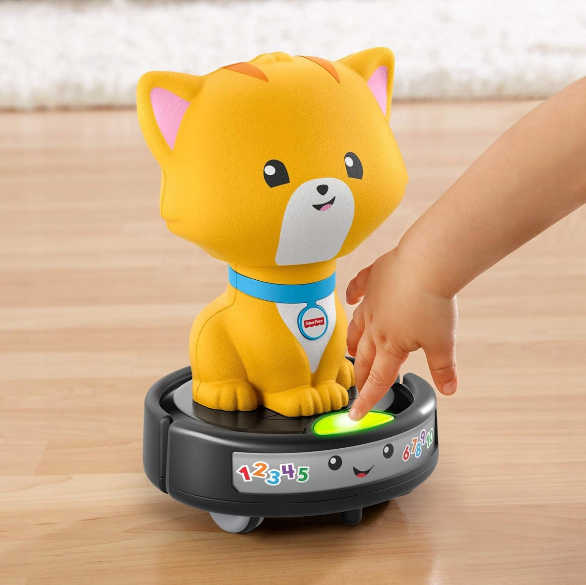 FISHER-PRICE GMX70 gato montado en aspiradora robot con melodías y luces
