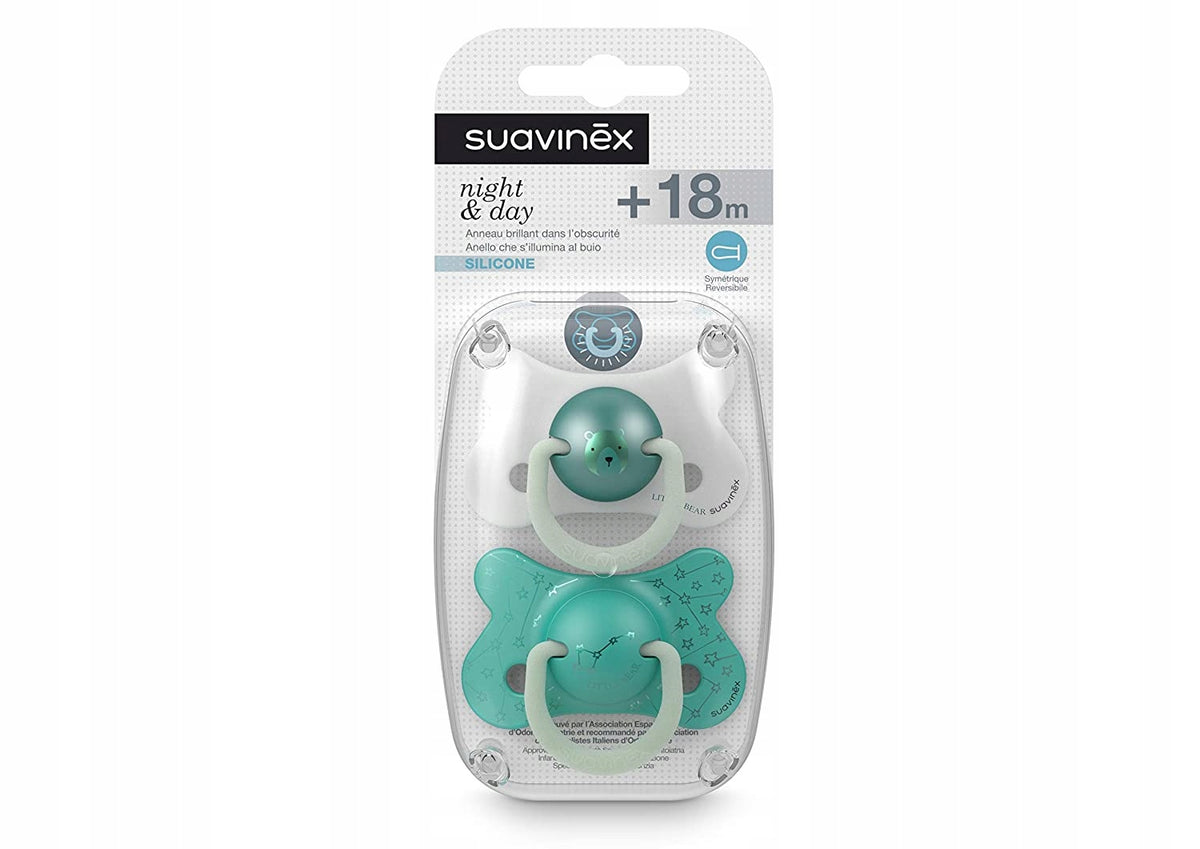 SUAVINEX smoczek Day&Night x2 silikon 18m+ ŚWIECĄ, zestaw 2 smoczków silikonowych symetrycznych świecących w ciemności