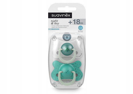 SUAVINEX smoczek Day&Night x2 silikon 18m+ ŚWIECĄ, zestaw 2 smoczków silikonowych symetrycznych świecących w ciemności