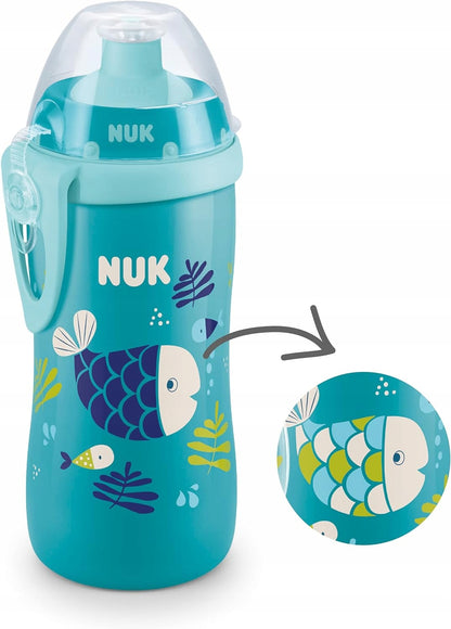 NUK Junior Cup BUTELKA 18 m+ ustnik push-pull 300 ml EFEKT KAMELEONA, niebieska butelka z rybkami
