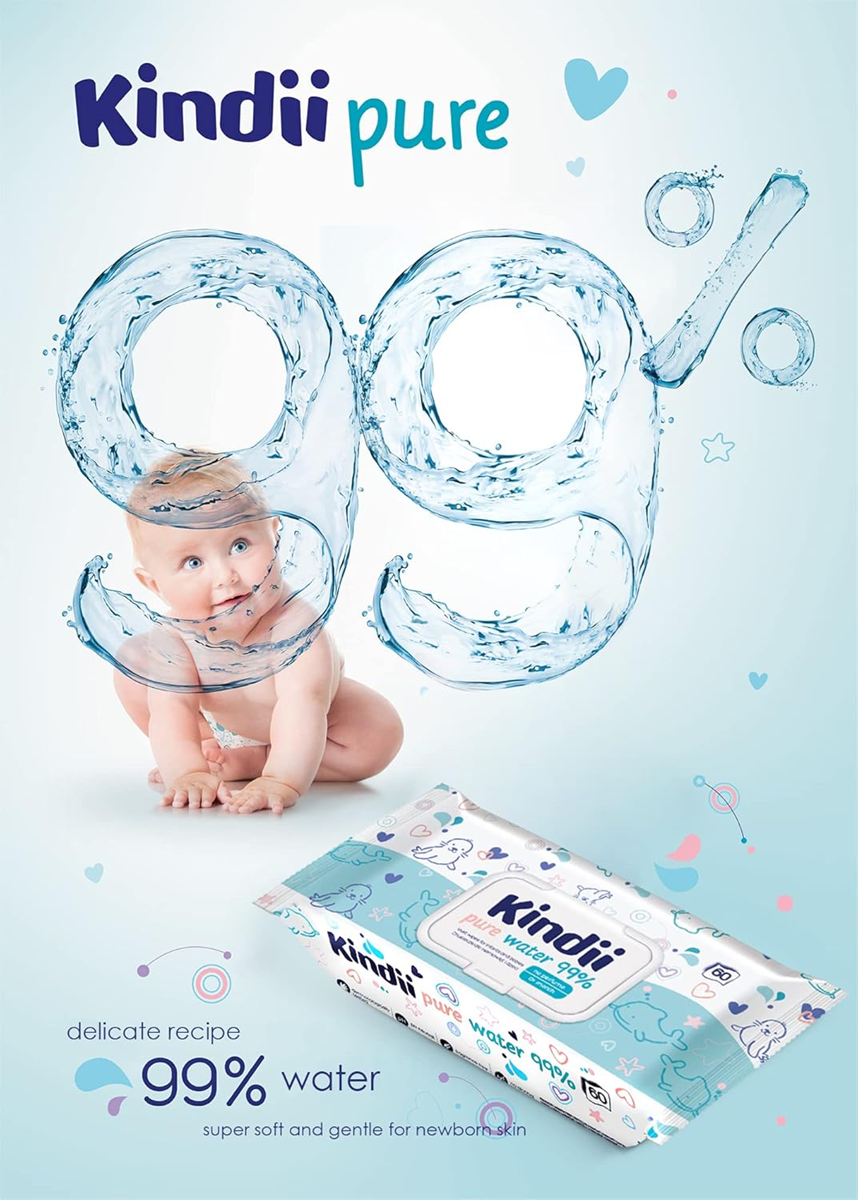 KINDII Pure Water 99 toallitas húmedas con agua x60 unidades