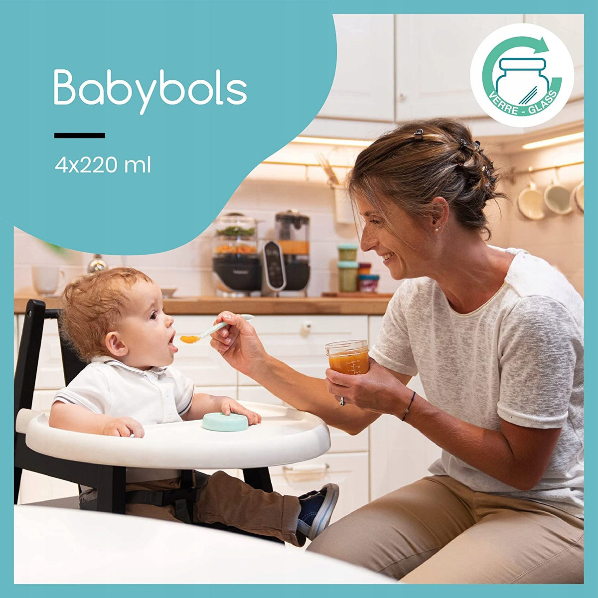 BABYMOOV Babybols pojemniki SZKLANE 4x220ml do przechowywania jedzenia dla niemowląt, BPA free, pastelowe