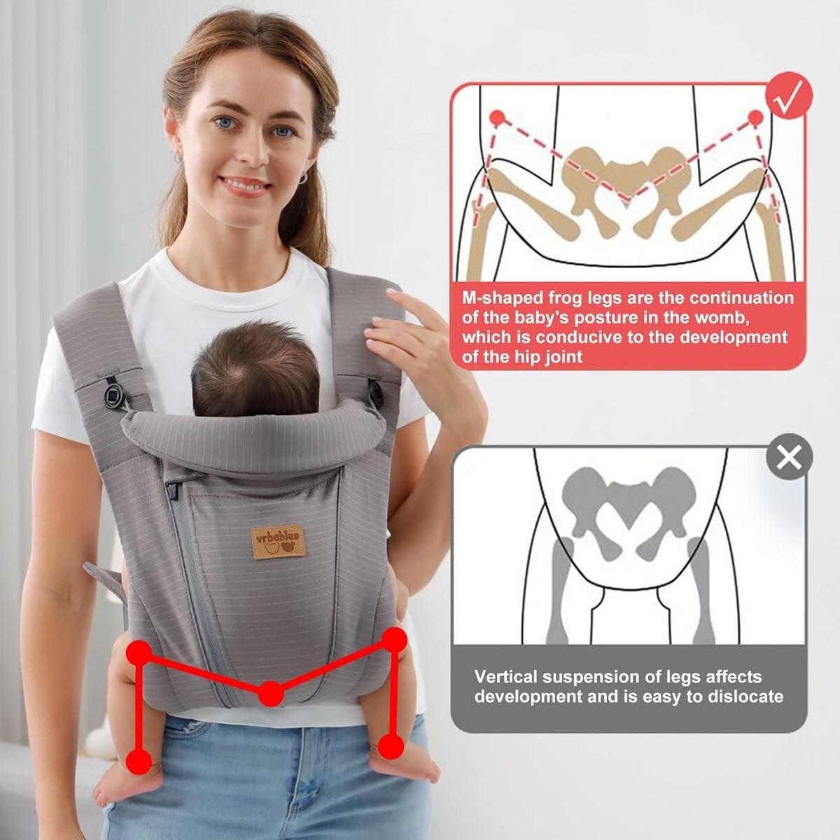 VRBABIES nosidełko ergonomiczne szare, wspiera pozycję M dziecka i rozwój bioder od 3,5 do 15 kg