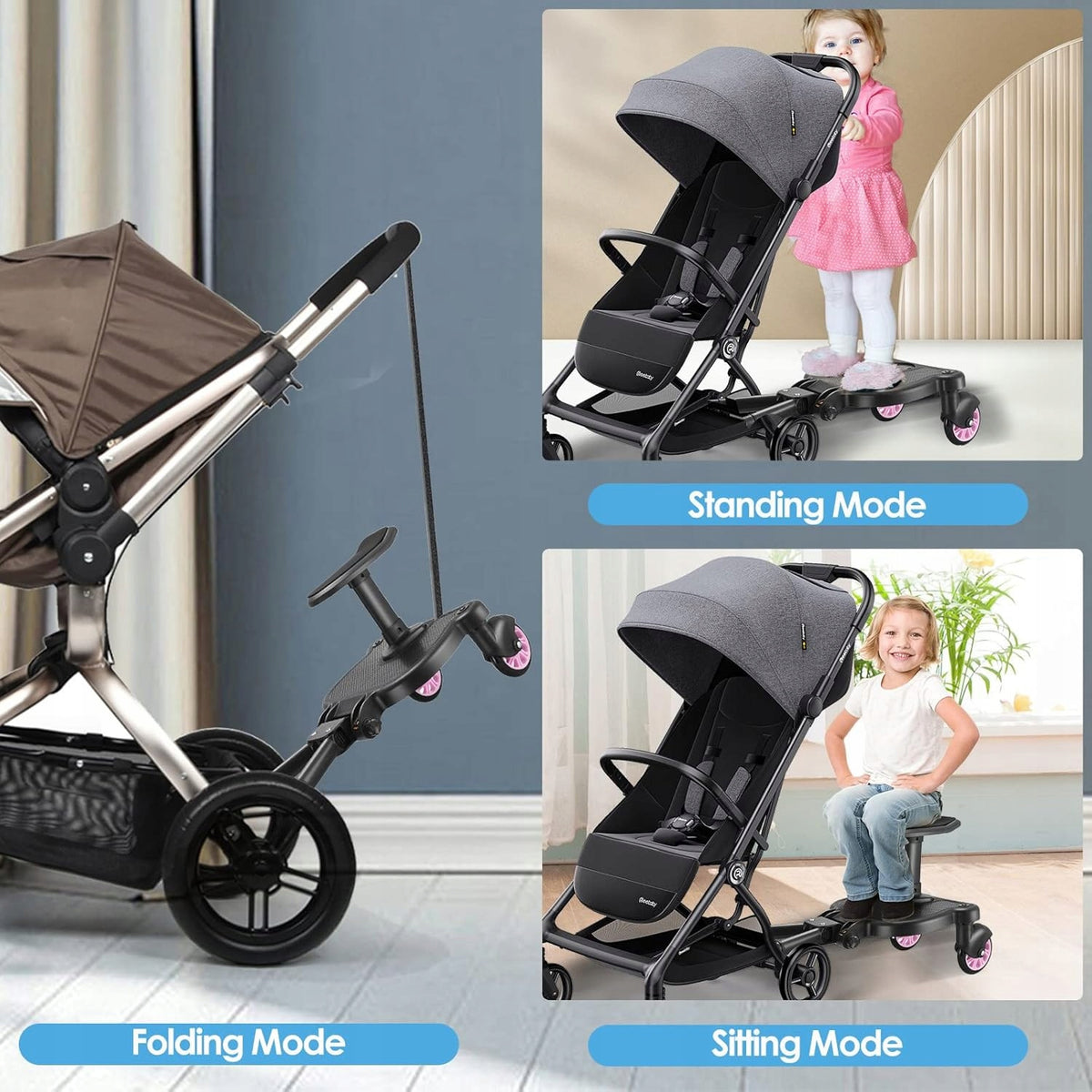 FNRIDS uniwersalna DOSTAWKA do wózka udźwig 25 kg, tryby standing, sitting i folding dla dziecka
