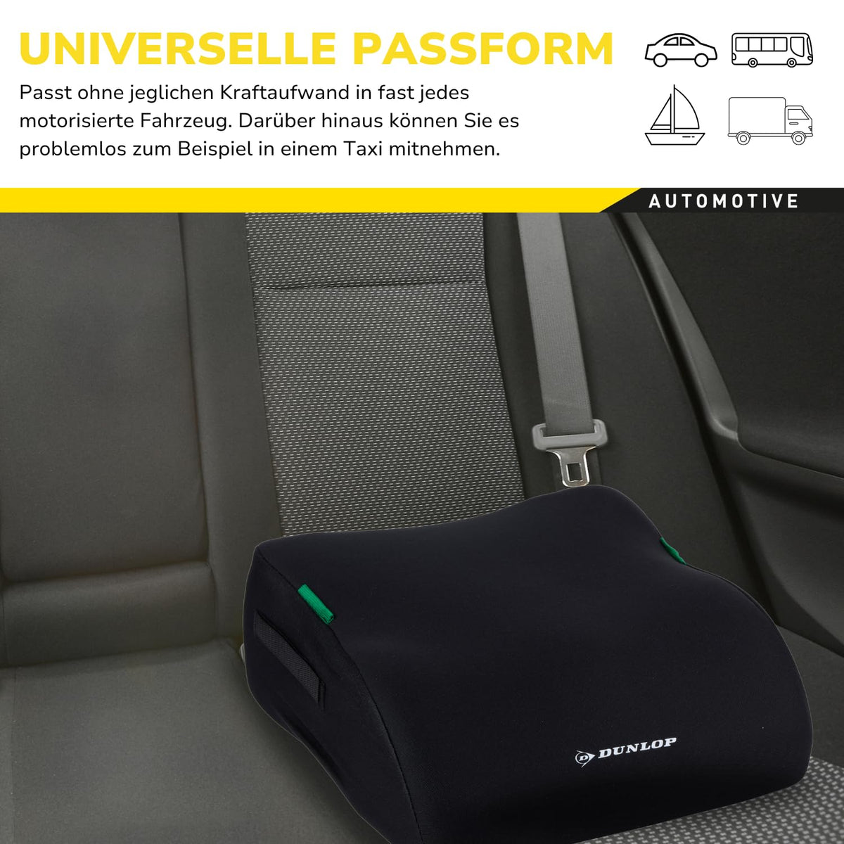 DUNLOP Car Booster fotelik samochodowy podwyższający 135-150 cm, uniwersalny czarny, montaż pasami bezpieczeństwa