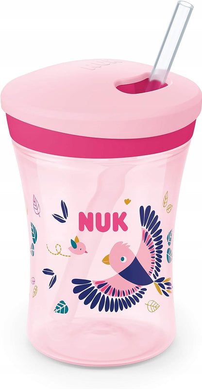 NUK Action Cup KUBEK NIEKAPEK 12 m+ różowy kubek niekapek 230 ml ze słomką i motywem ptaka