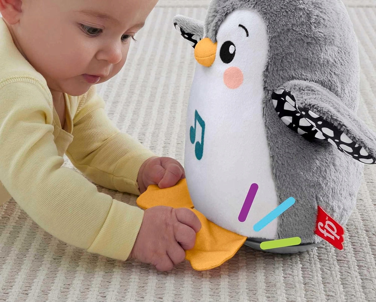 FISHER-PRICE HNC10 kiwający się pingwin z melodiami 21 cm, pluszowa zabawka sensoryczna dla niemowląt