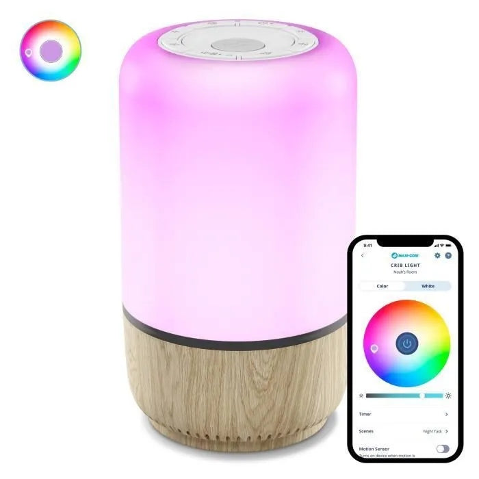 MAXI-COSI Soothe lampka nocna LED z głośnikiem aplikacja Connected Home, różowa z drewnianą podstawą