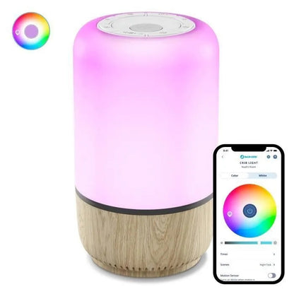 MAXI-COSI Soothe lampka nocna LED z głośnikiem aplikacja Connected Home, różowa z drewnianą podstawą