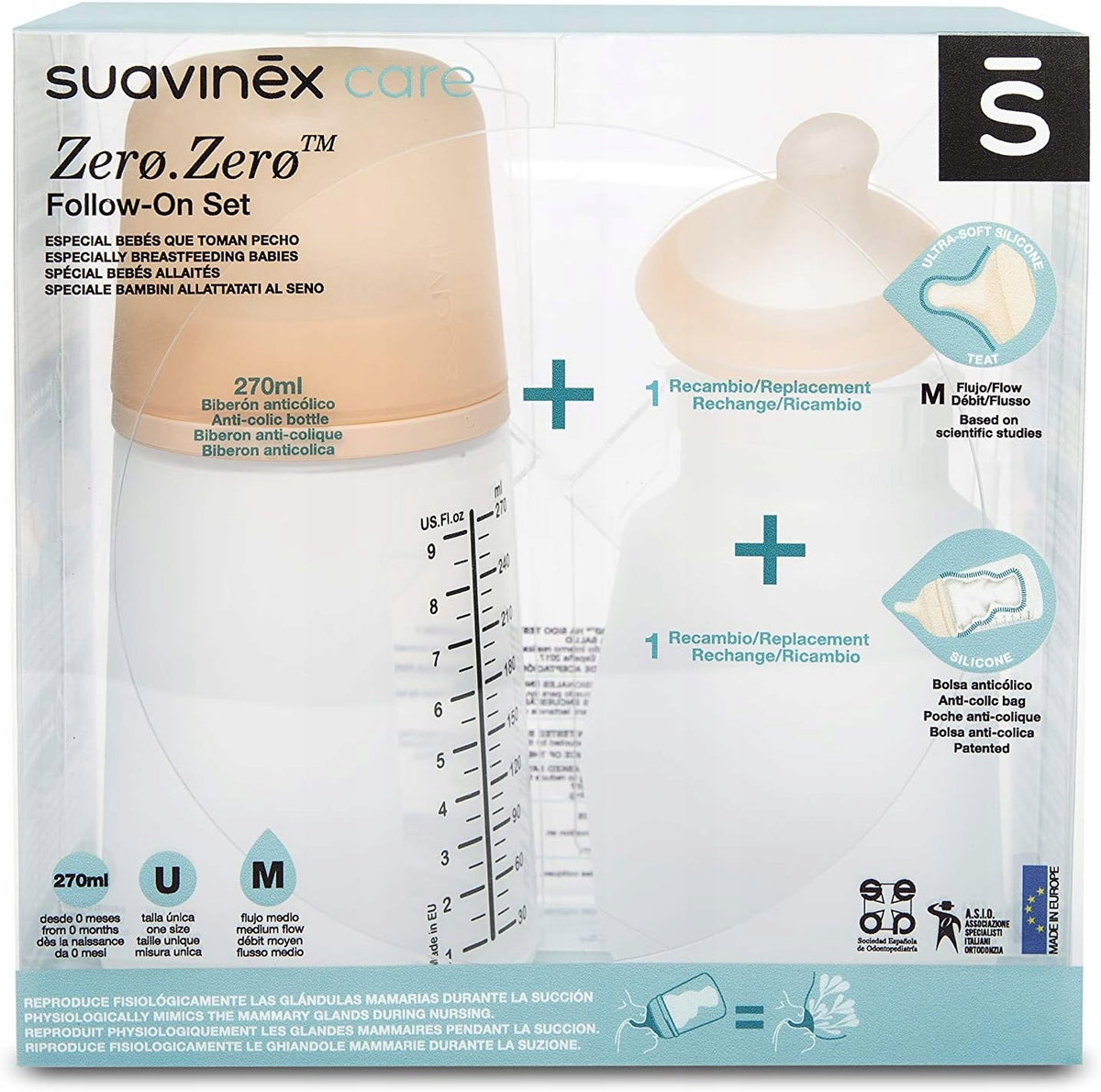 SUAVINEX zestaw startowy ZERO ZERO 270ml antykolkowa butelka z wymiennym smoczkiem i silikonową torebką