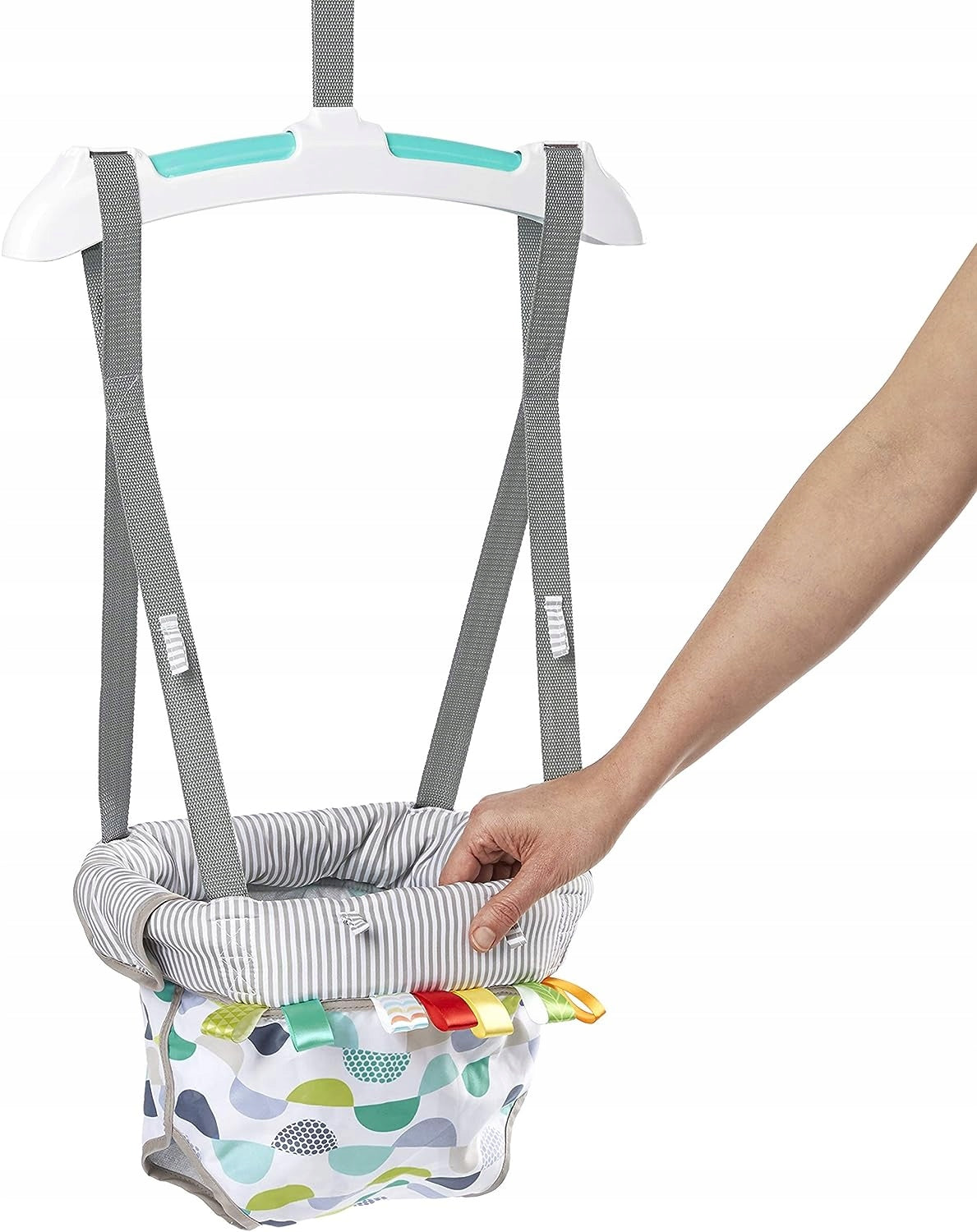BRIGHT STARTS skoczek futrynowy PLAYFUL PARADE dla niemowląt 6 m+, do 12 kg, szary stelaż i kolorowe zawieszki
