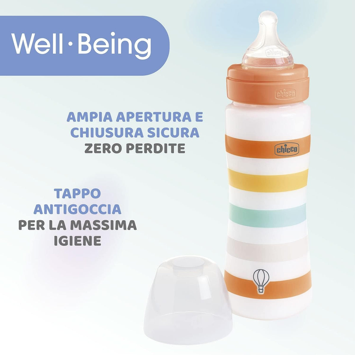 CHICCO butelka Well Being 4m+ 330ml antykolkowa z szerokim otworem i kapturkiem antykroplowym