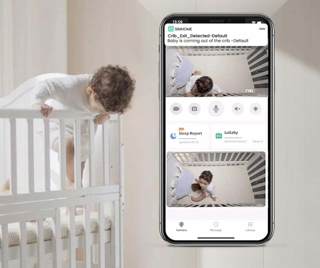 SIMSHINE Baby Pro kamera 2K FHD 360° niania elektroniczna iOS Android + uchwyt, podgląd dziecka w łóżeczku