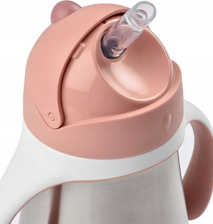 BEABA kubek niekapek ze słomką STALOWY 250 ml różowy, stal nierdzewna, szczelny kubek dla dziecka 8 m+